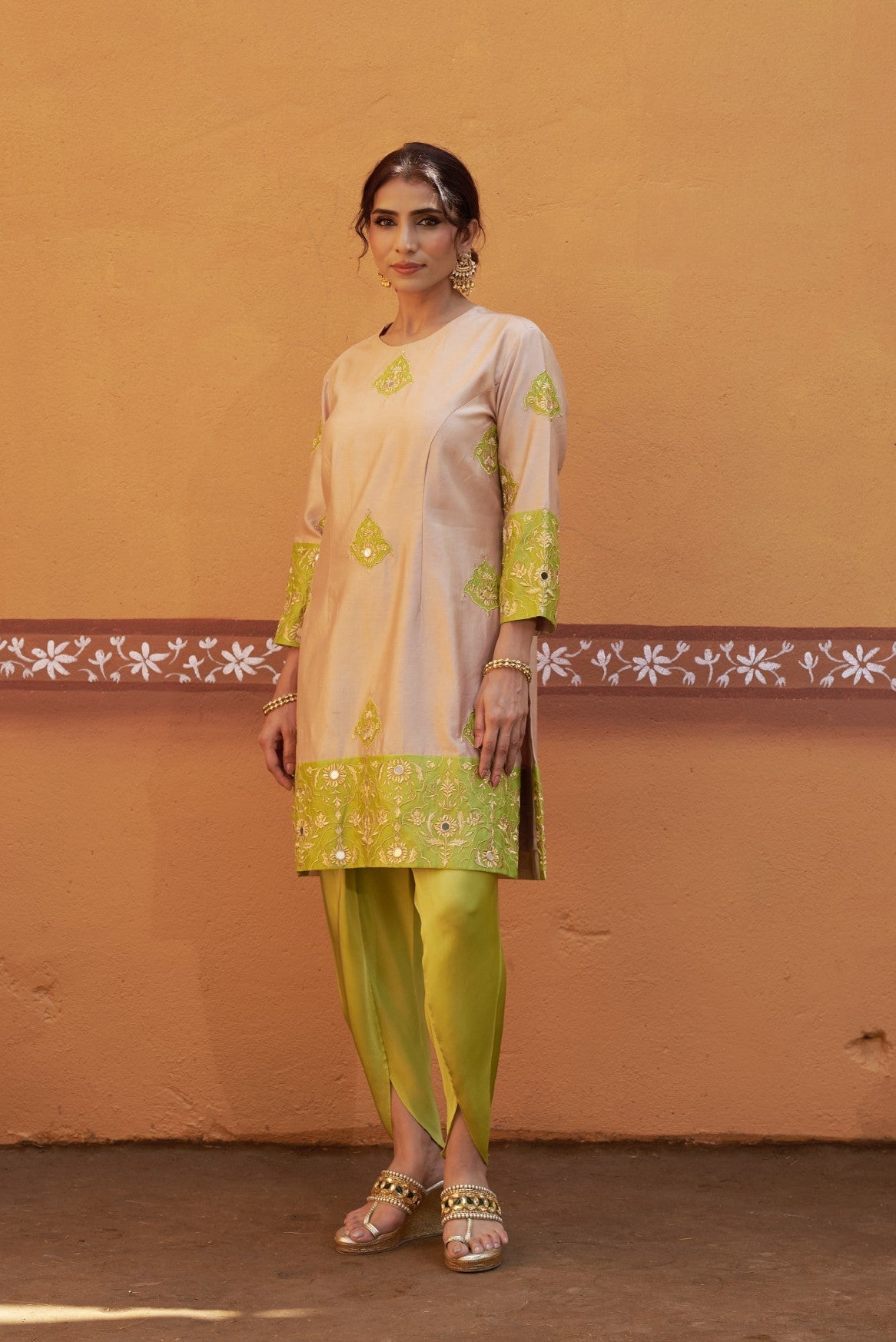 half and half beige green kurta with tulip pants