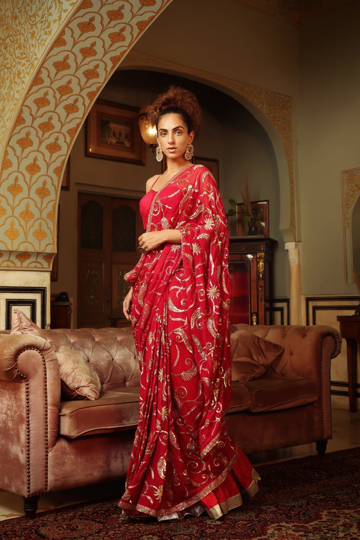 Image of Dilruba rose red sitara saree with crush lehenga and corset blouse