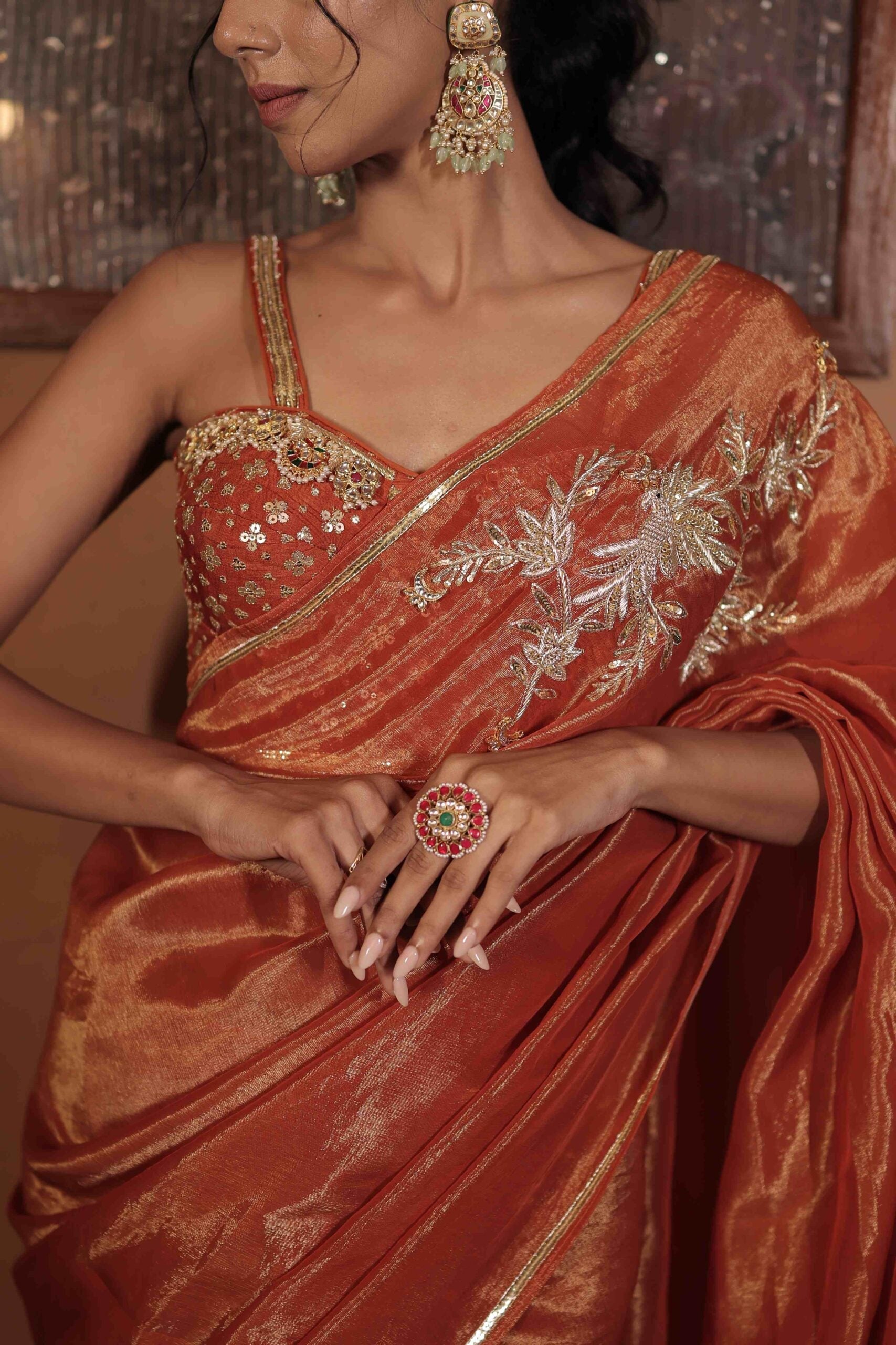 The "Ambar Sandhya" saree set /Rust jewel and zardozi tissue saree set