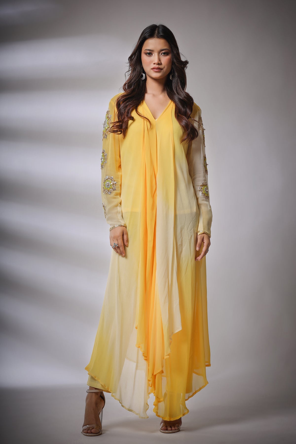 Image of Haseena leheriya set in yellow