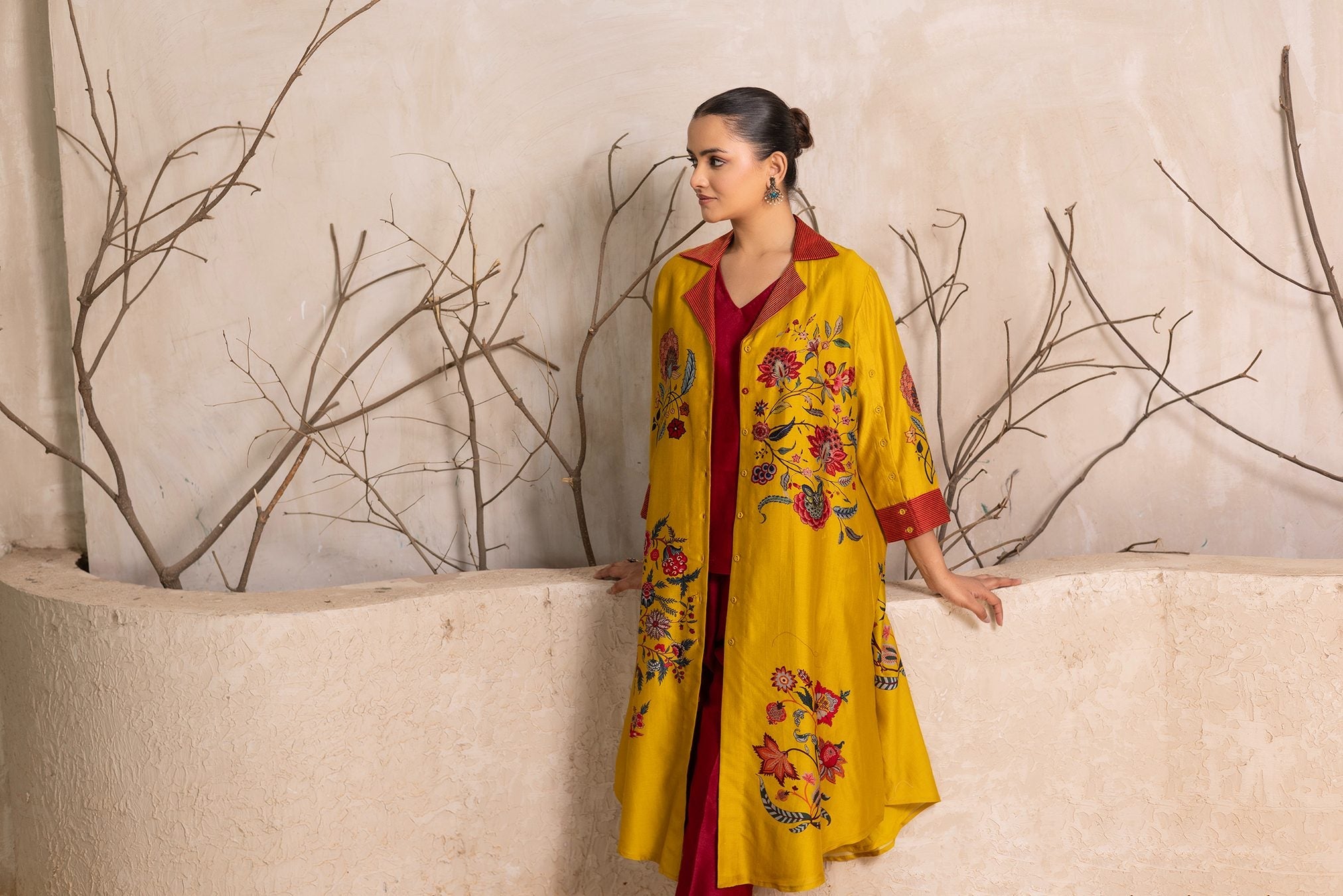 Yellow Silk Chanderi Chintz Printed Front Open Dress (1 PC)