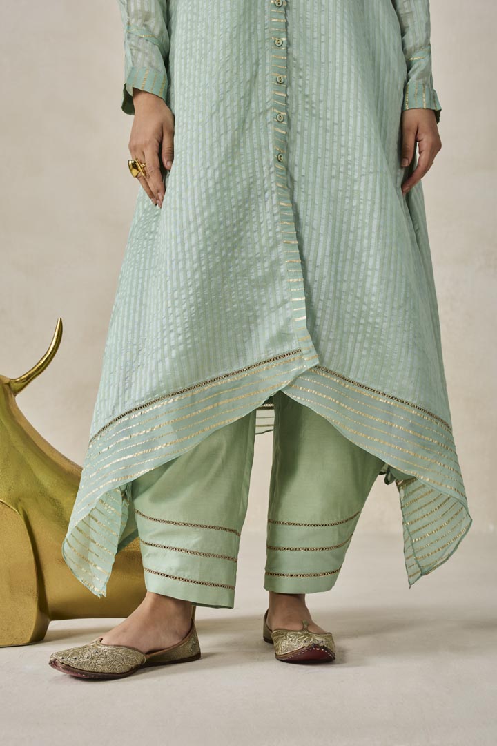 Sage Green Chanderi Asymmetrical Kurta Set - Elegant Festive Wear
