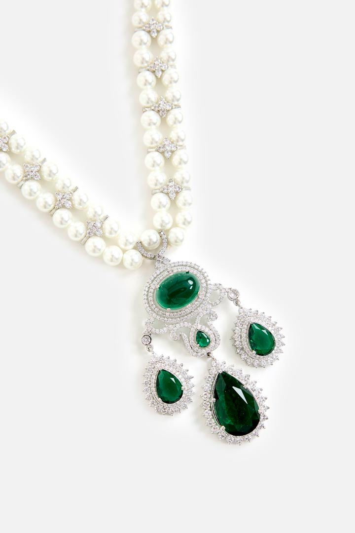 Pearl & Green Stone Statement Necklace Set