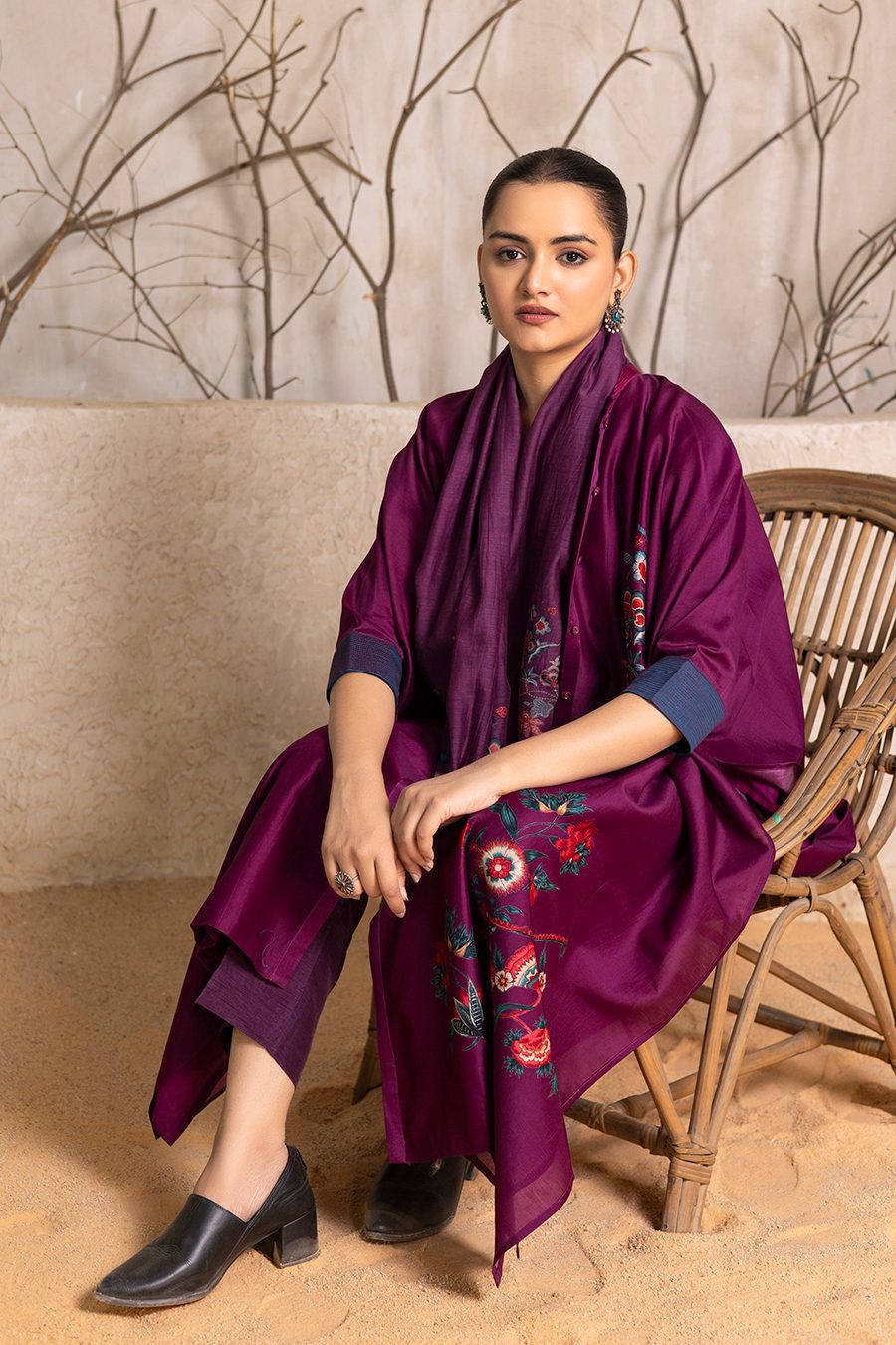 Wine Silk Chanderi Printed Kaftan Style Dress (1 PC)