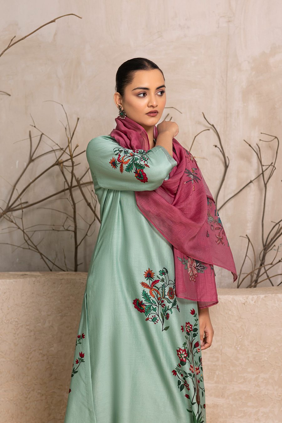 Mint Silk Chanderi Floral Boota Printed Tunic (1 PC)