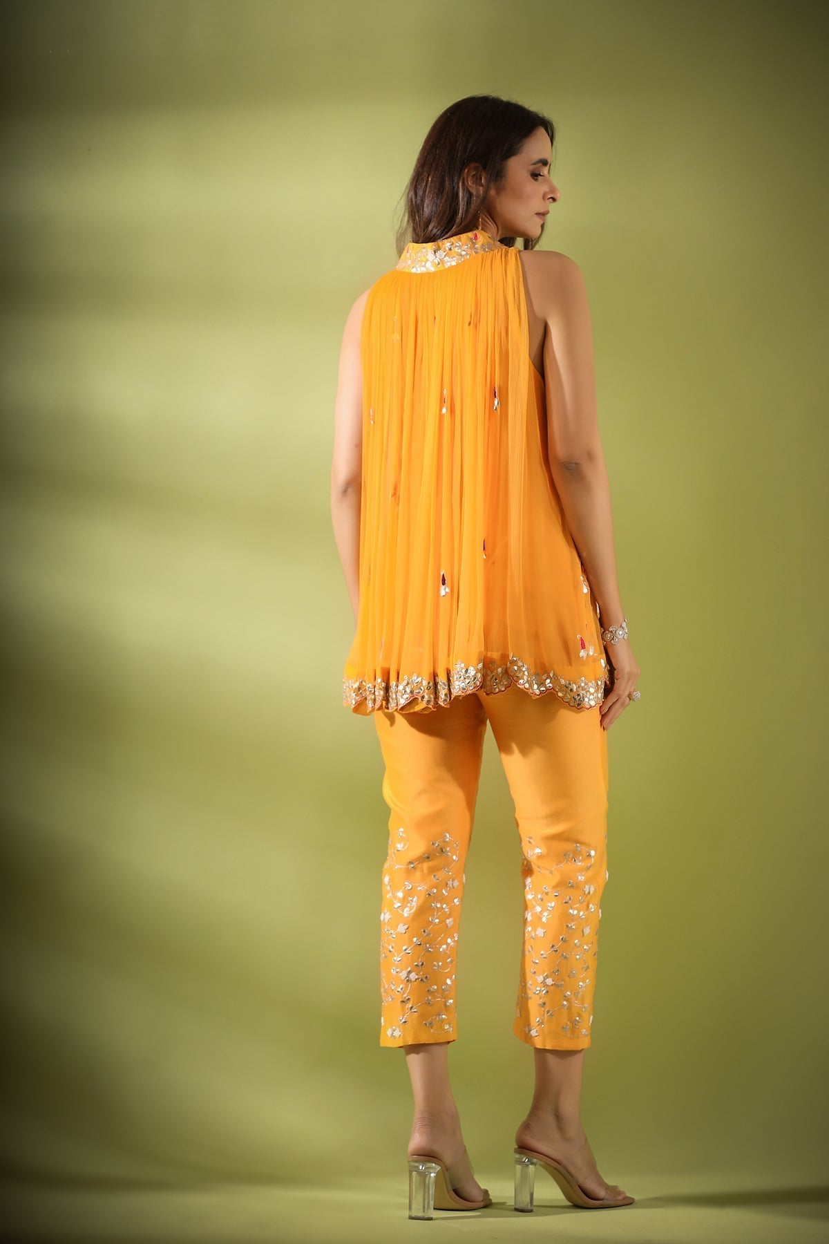 Image of Haseena phool jaal gota patti tunic pants co-ord set in mnago yellow