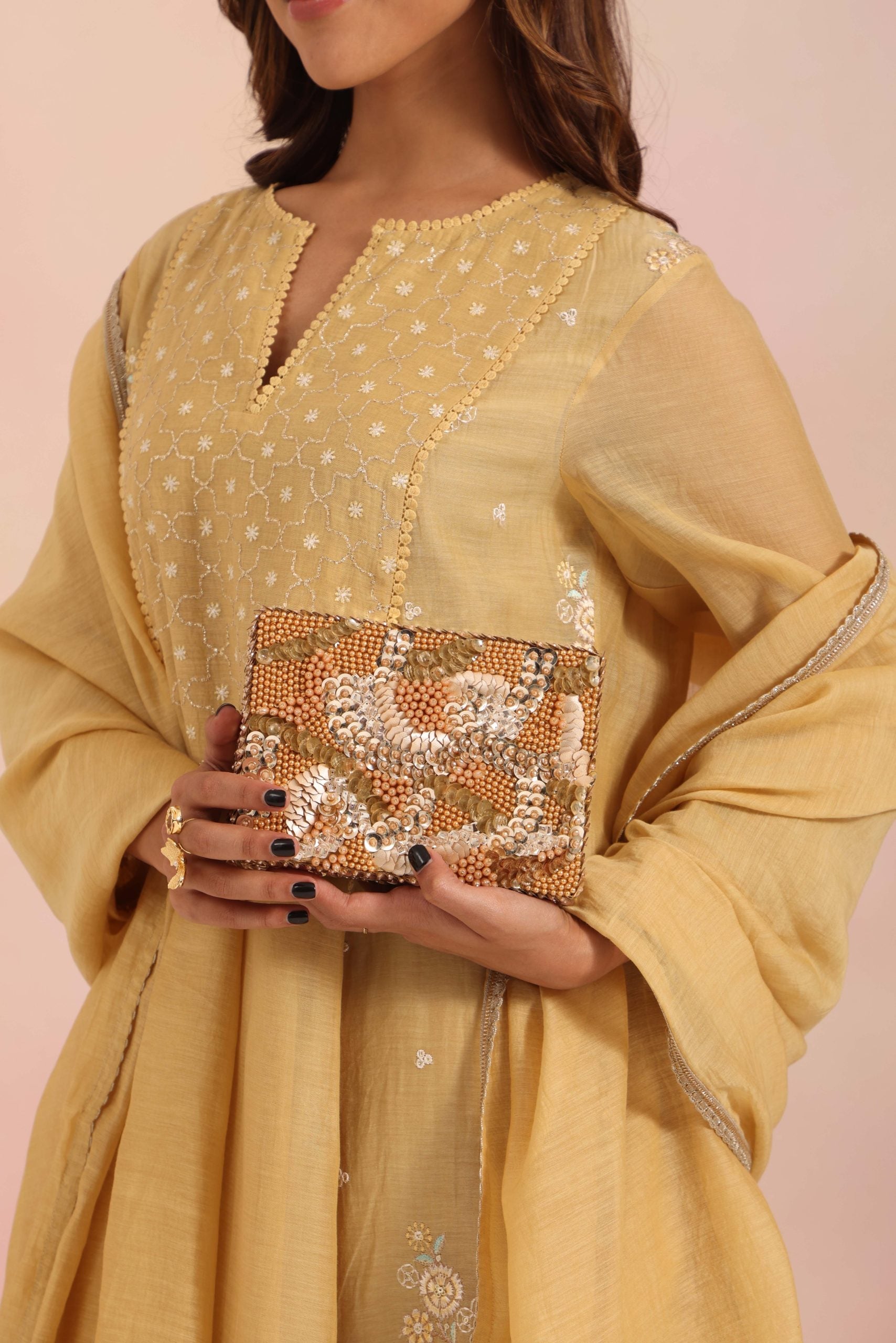 Amna Gold Suede Embellished Clutch