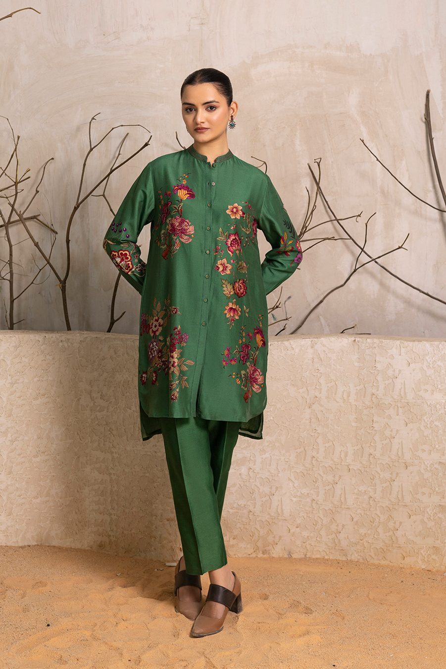 Green Silk Chanderi Floral Printed Shirt Style Tunic (1 PC)