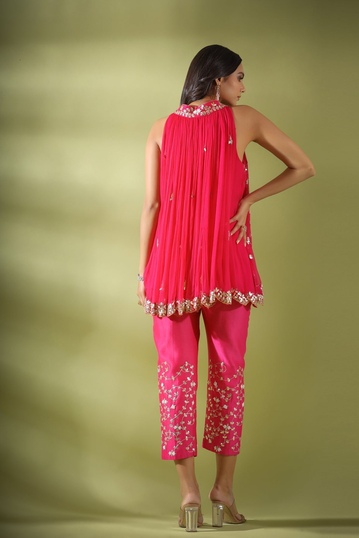 Image of Haseena phool jaal gota patti tunic pants co-ord set in fuchsia