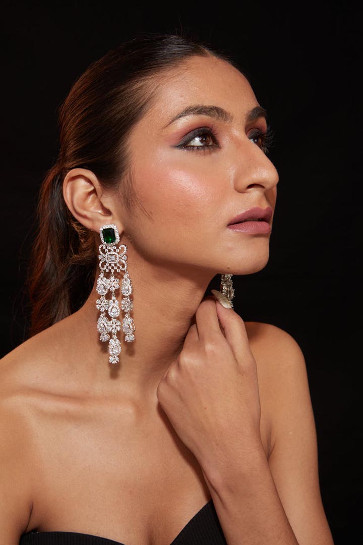 Vivinia By Vidhi Mehra Zia Silver Plated Green Womens Emerald Synthetic Zircon Pair of Earrings VE336