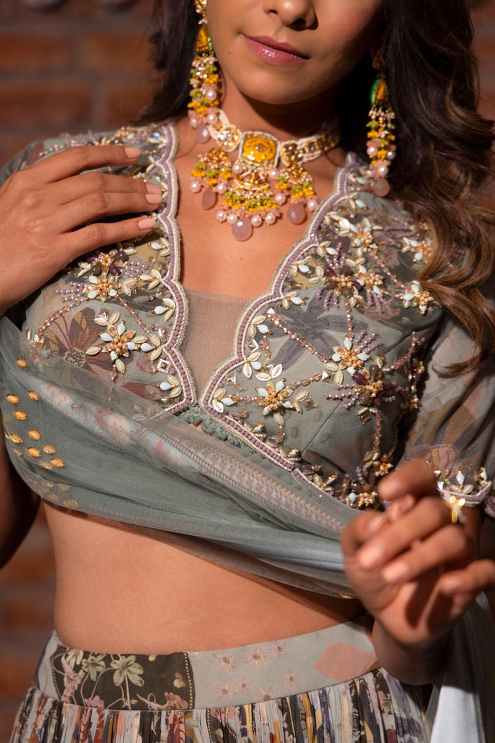 Grey Printed & Embroidered Lehenga Set