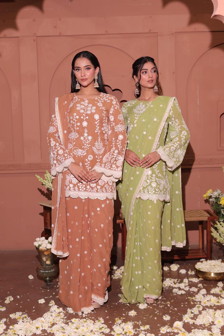 Lime Blossom Embroidered Georgette Saree Set