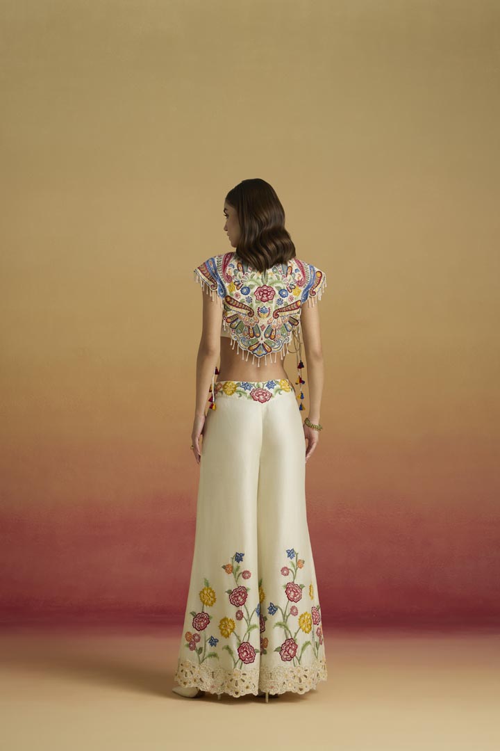 Ivory Chanderi Applique Embellished Yoke Top - Designer Ethnic Wear
