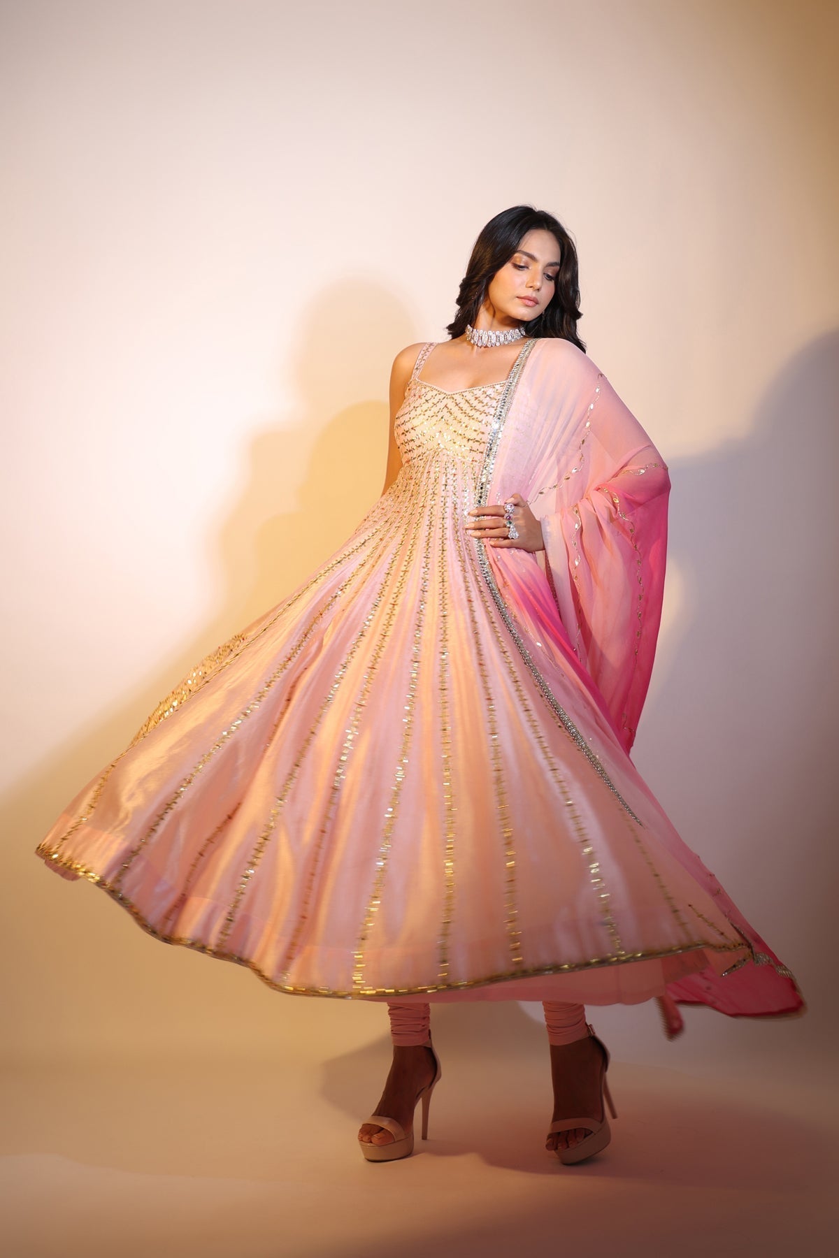 Image of Haseena baby pink bareek gota anarkali set