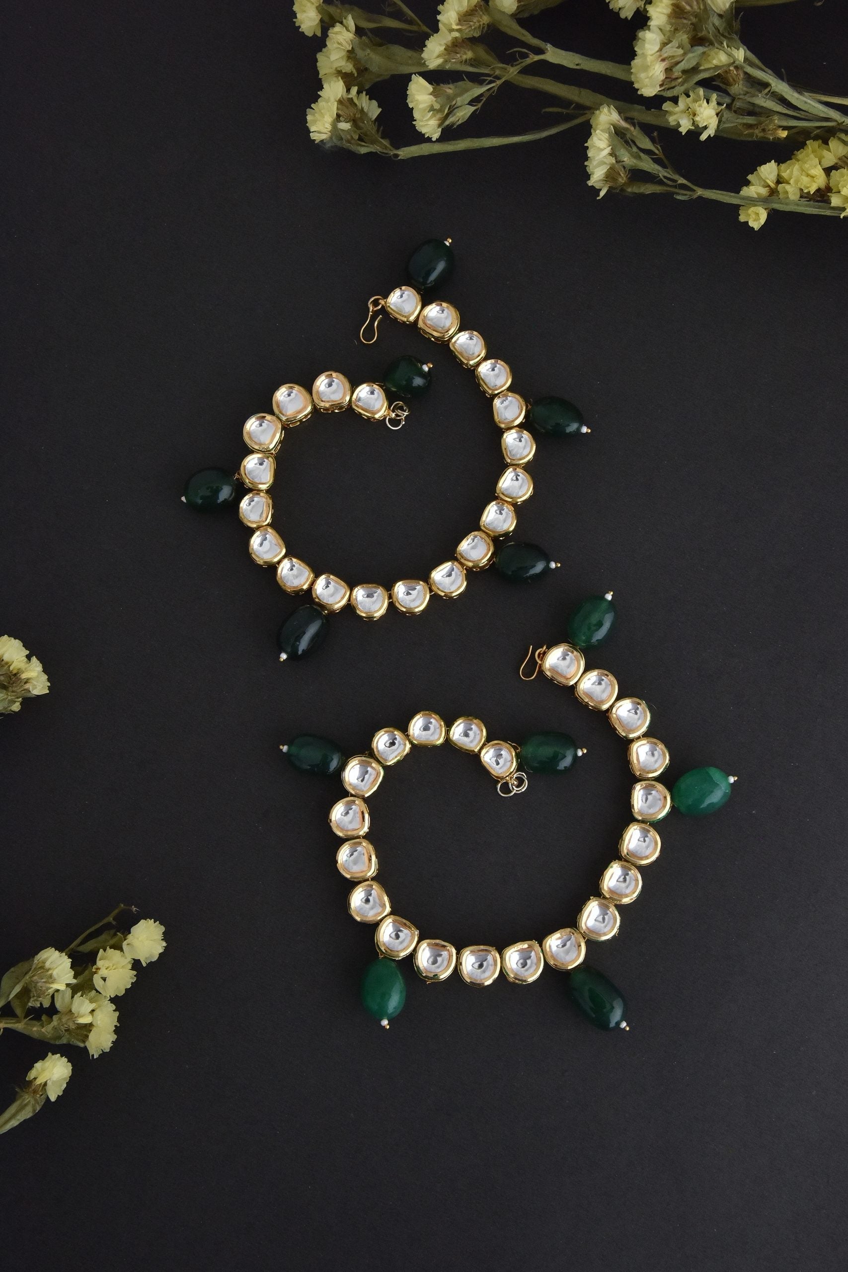 Green Gold Tone Kundan Anklets