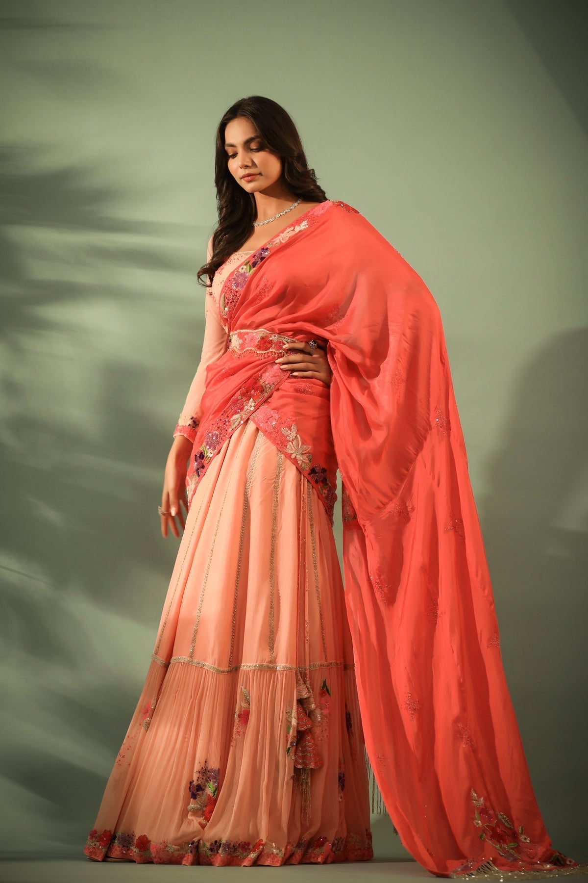 Image of Haseena coral & peach tier kali combo lehenga set