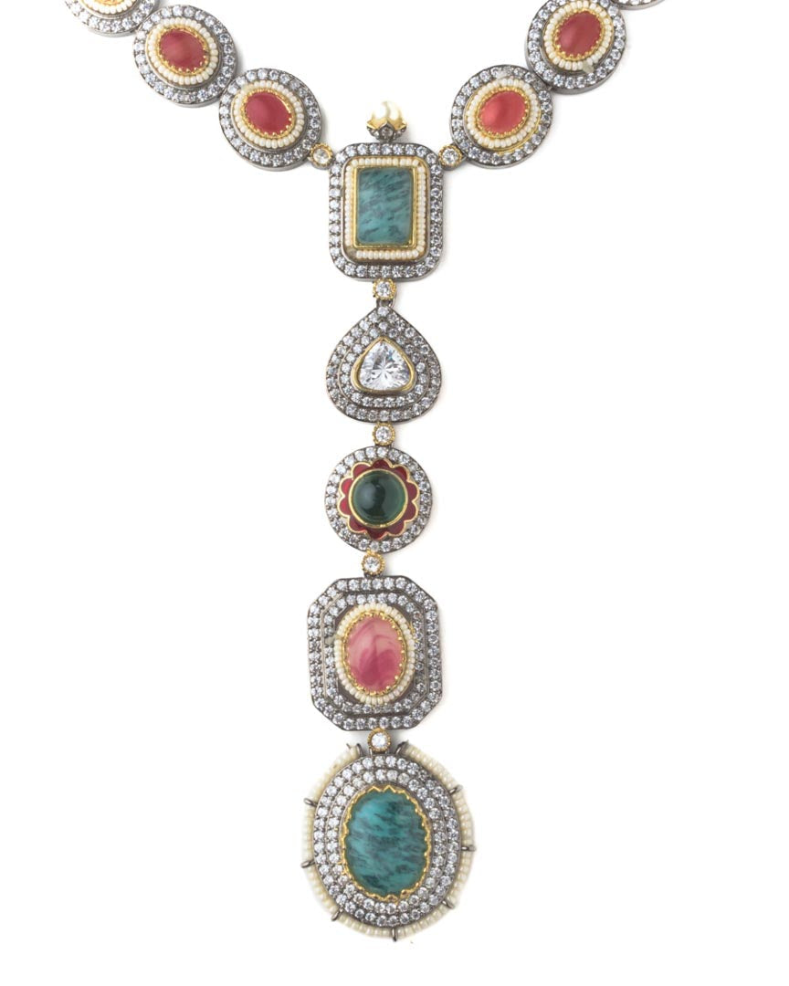 Vivinia By Vidhi Mehra Silver Plated Multicolored Womens Synthetic Stone Long Necklace Set with Pair of Earrings VN220