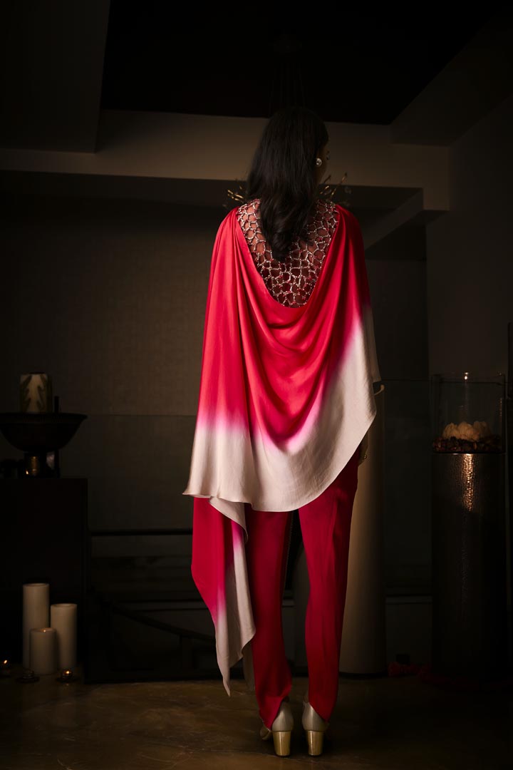 A pure silk satin sangria ombré tunic with tulip pants, detailed with bead and crystal embroidery.