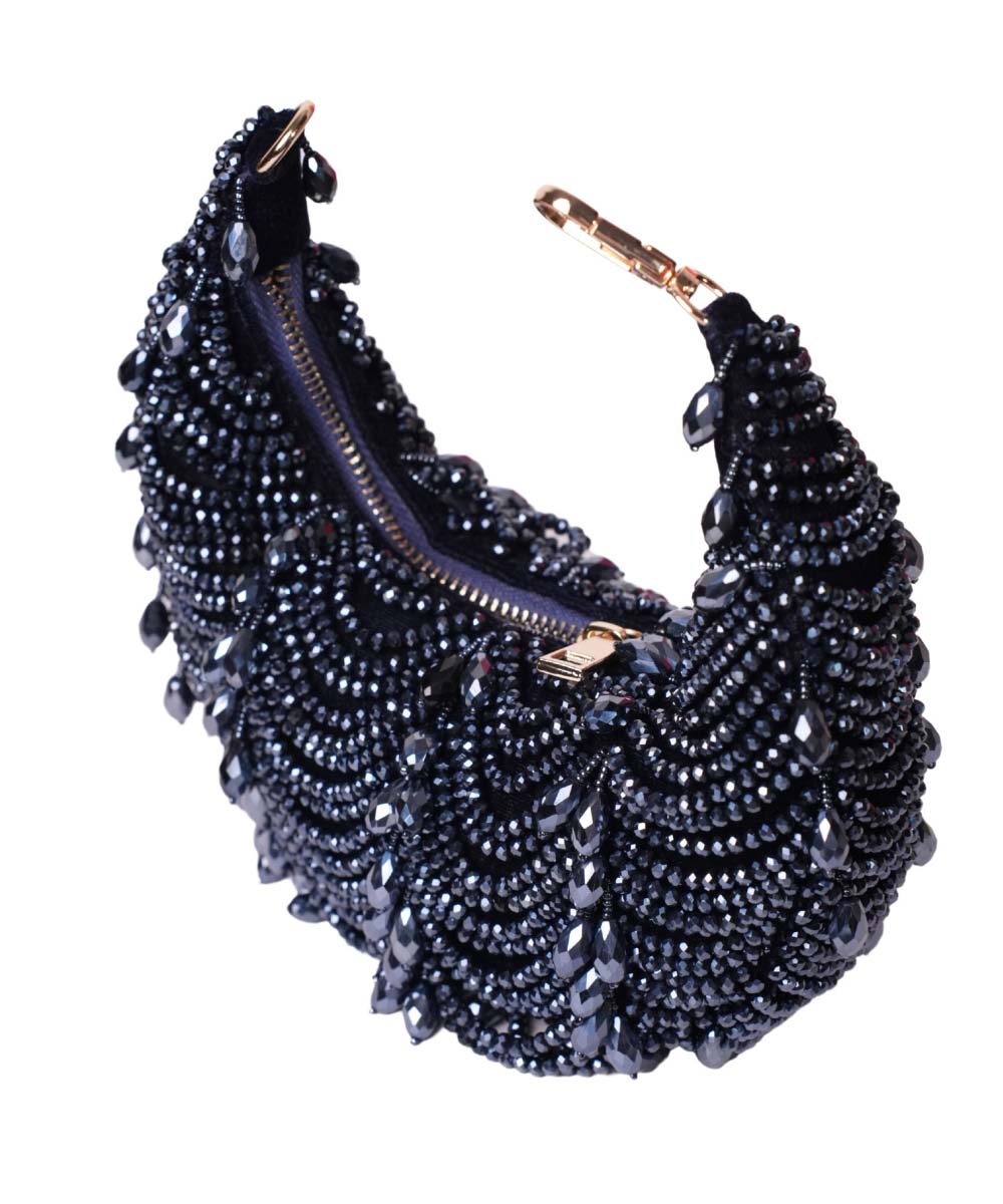 Liona Navy Blue Suede Embellished Hobo Bag