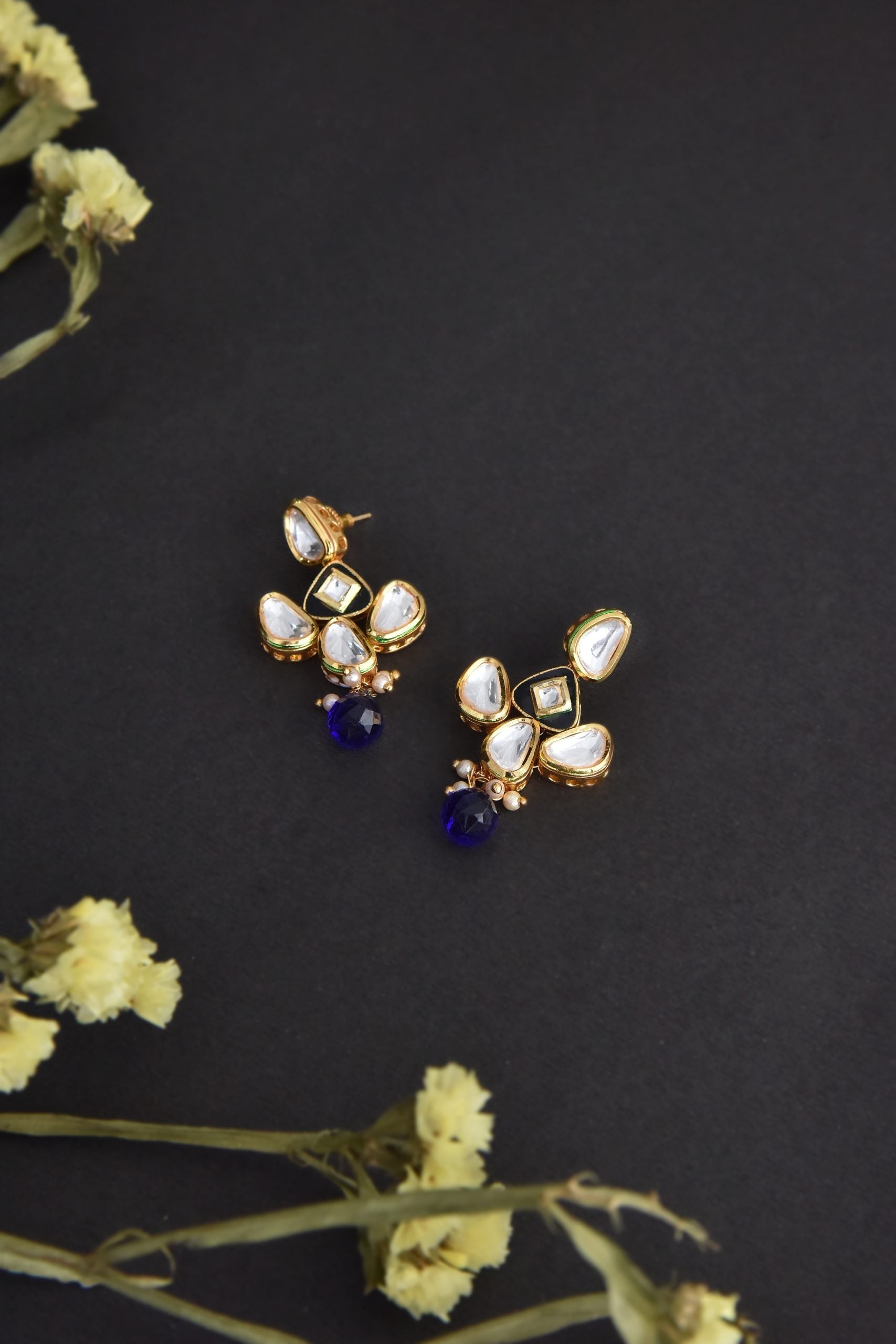 Blue Gold Tone Kundan dangler Earrings