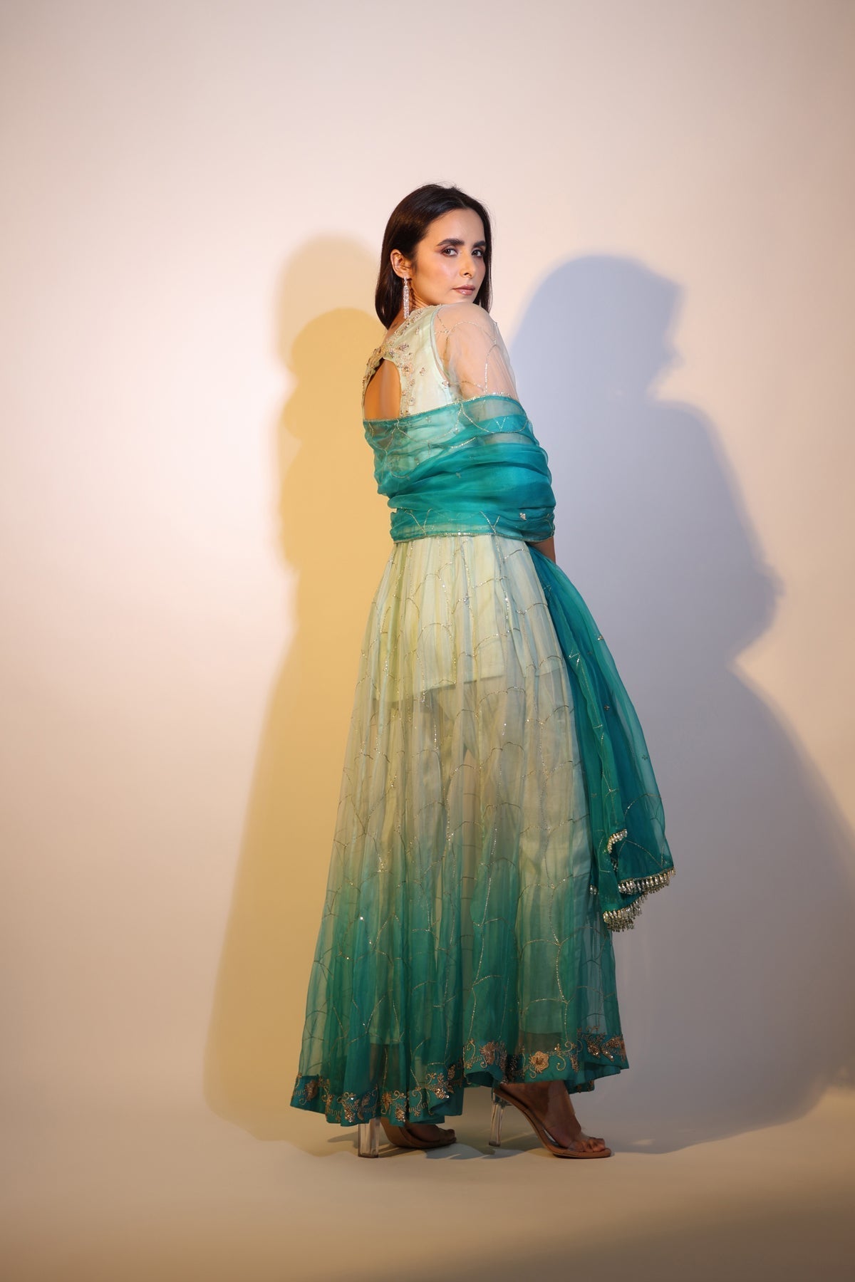 Image of Haseena aqua green ombre organza anarkali set