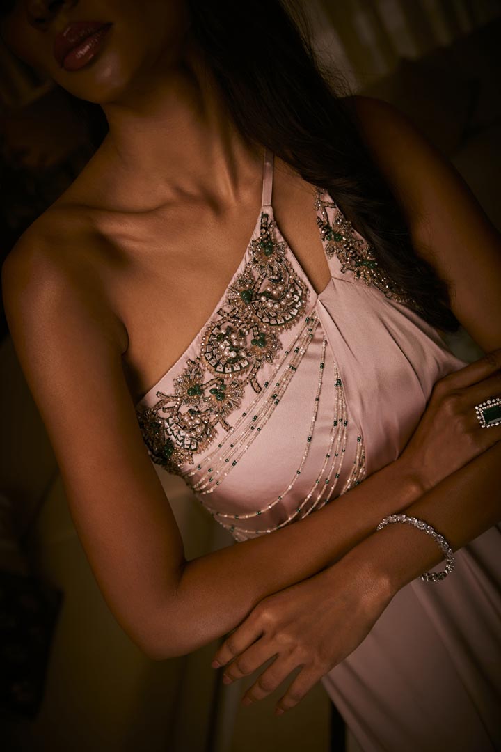 A pure silk satin one-shoulder gown in dusty pink and taupe ombré effect, detailed with bead and crystal embroidery