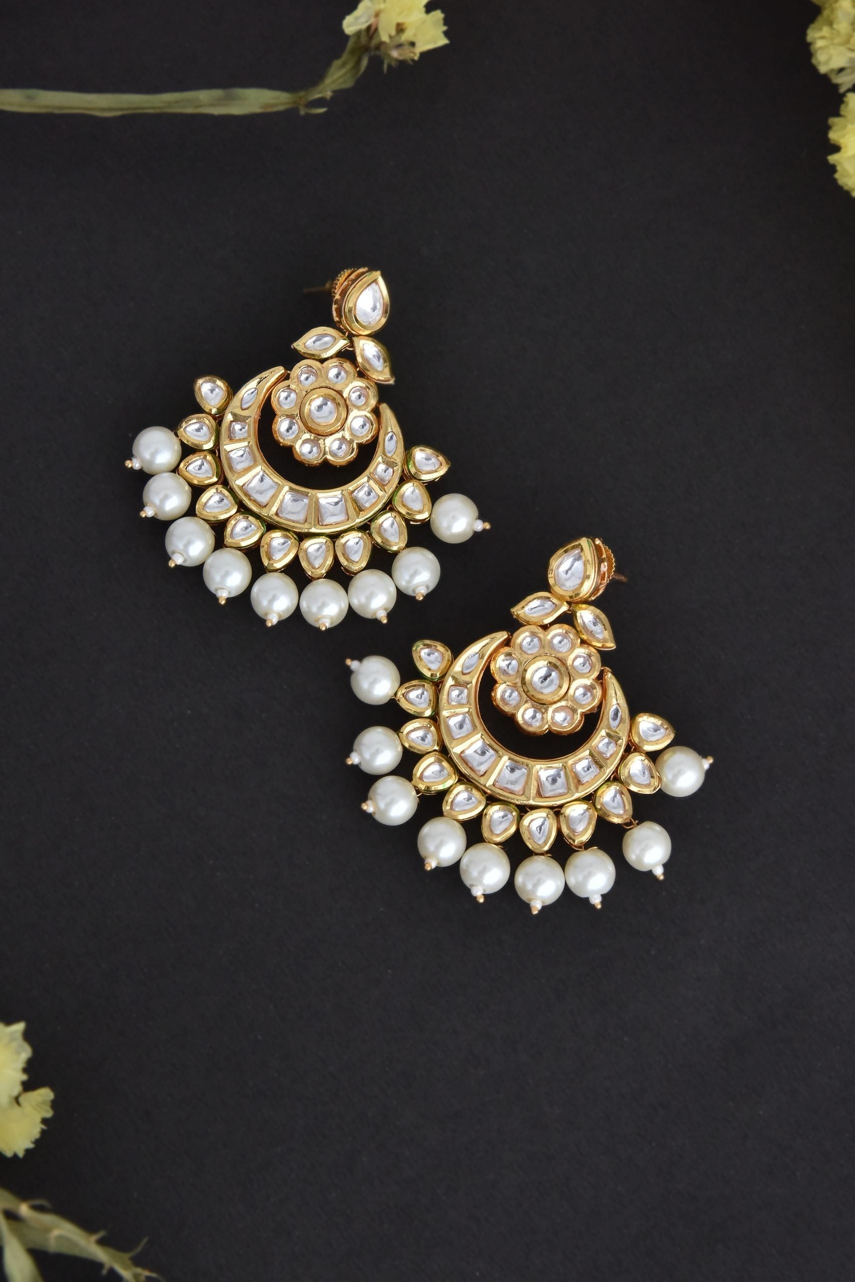 White Gold Tone Kundan and Pearl Chandbali Earrings