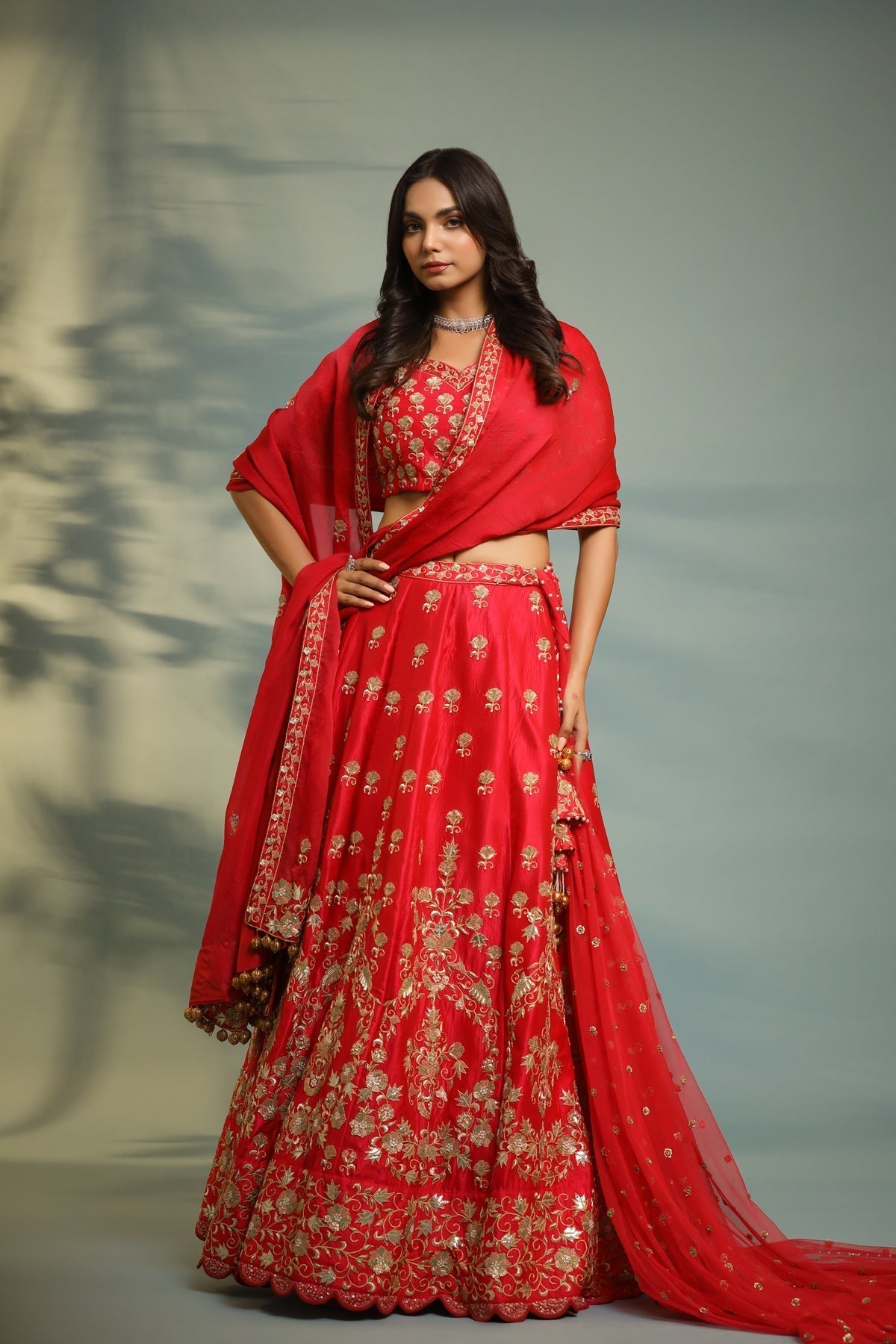 Image of Haseena scarlet red bride to be lehenga set