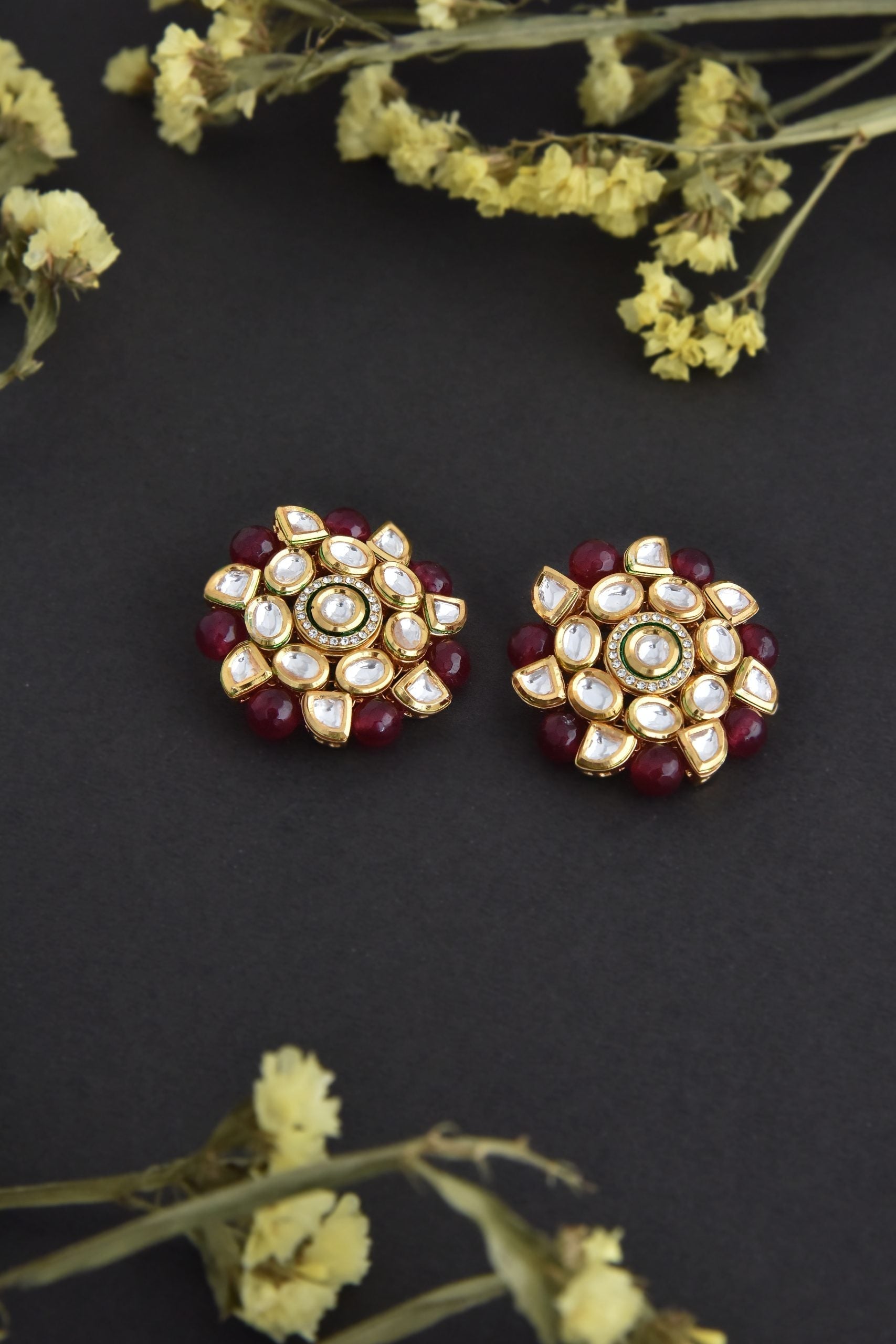 Red Gold Tone Kundan Stud Earrings