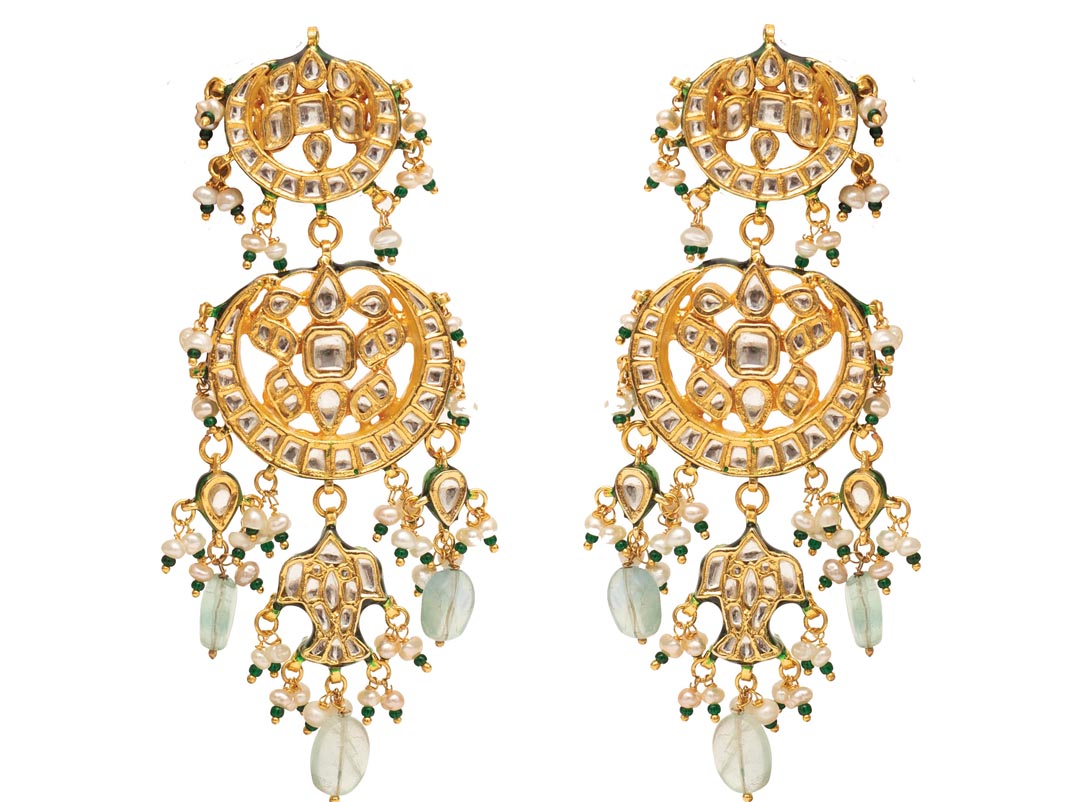 Vivinia By Vidhi Mehra Inaayat Gold Plated Green Womens Kundan, Polki Pair of Earrings VE008