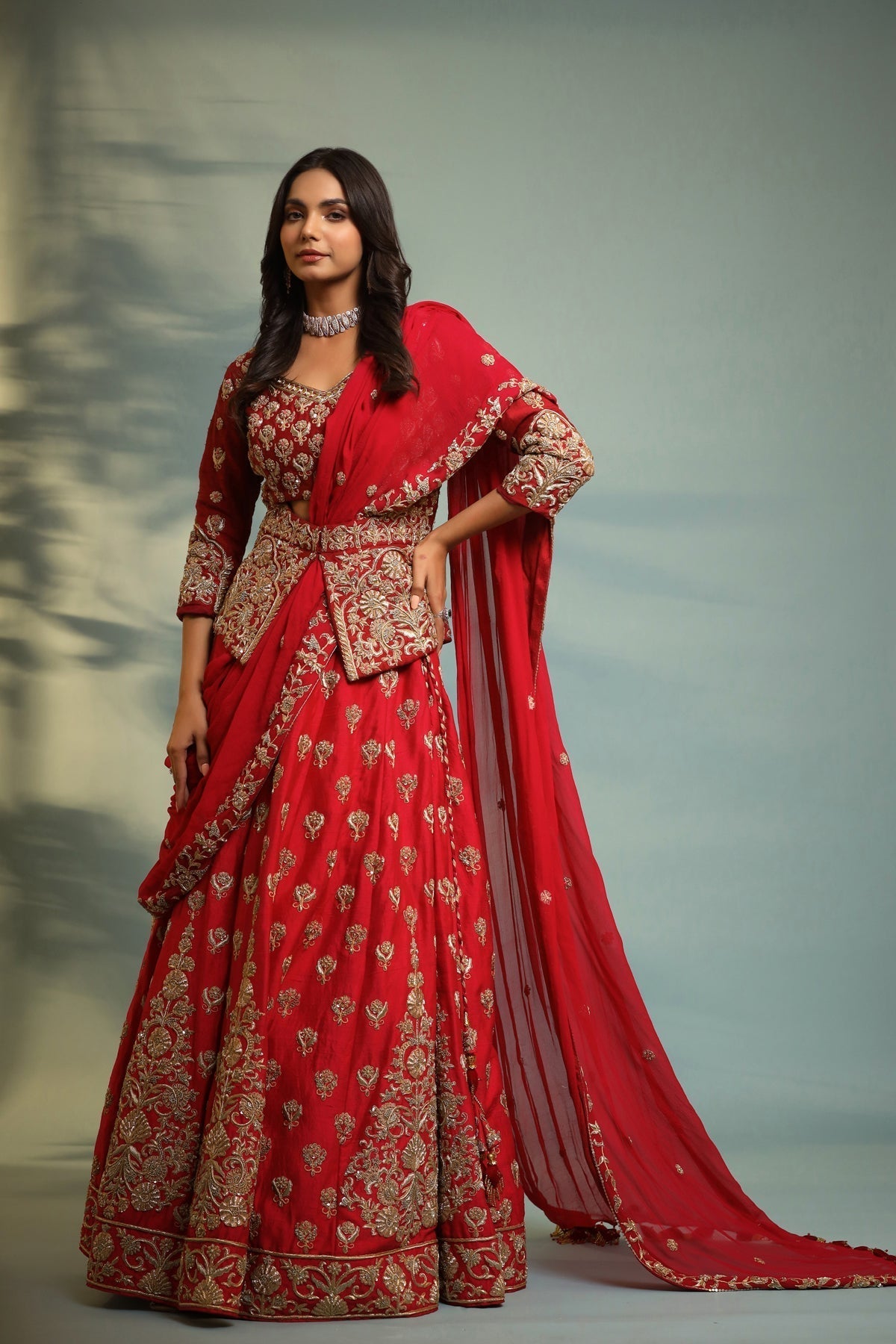 Image of Haseena crimson red structured peplum lehenga set