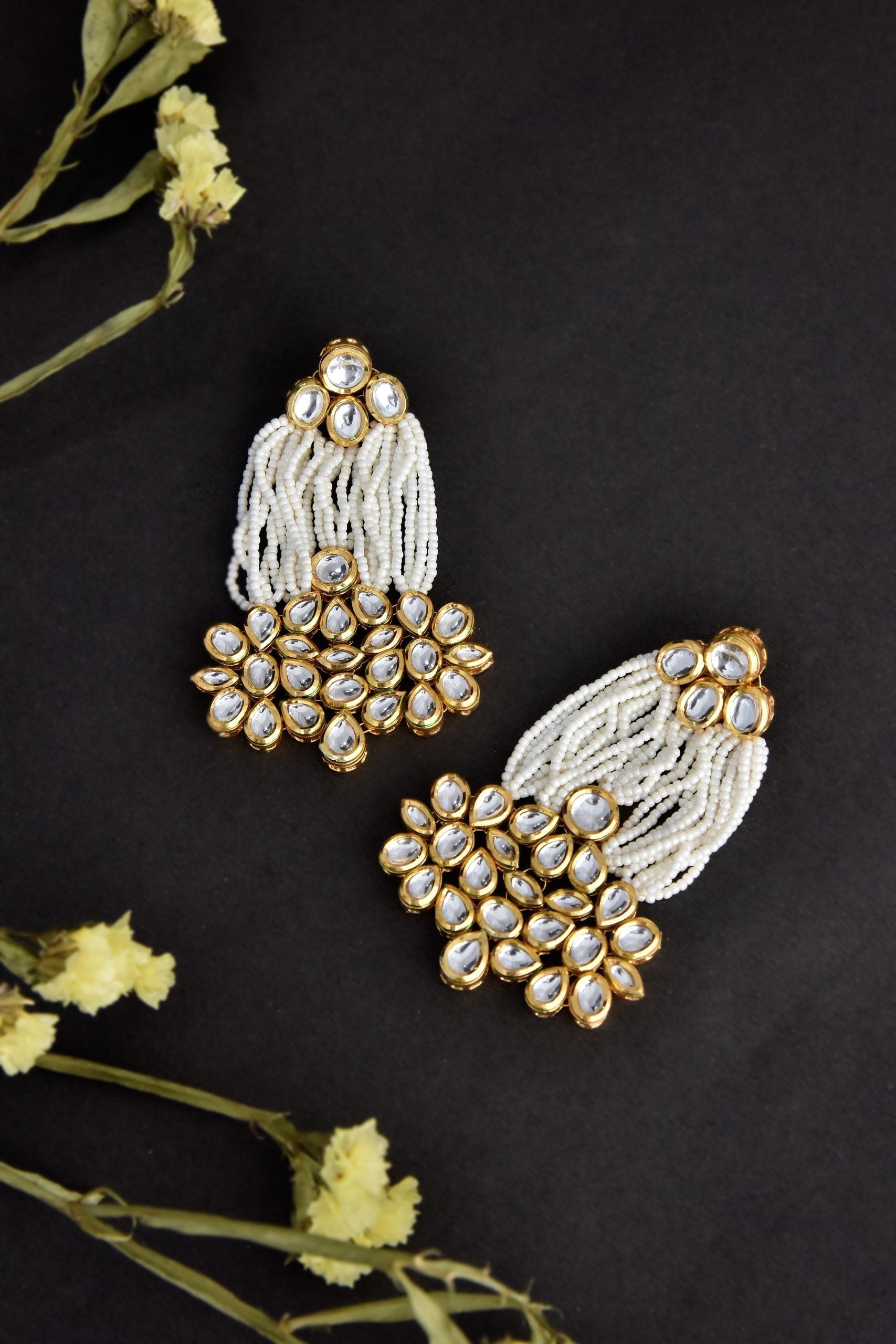 White Gold Tone Kundan and Pearl Dangler Earrings