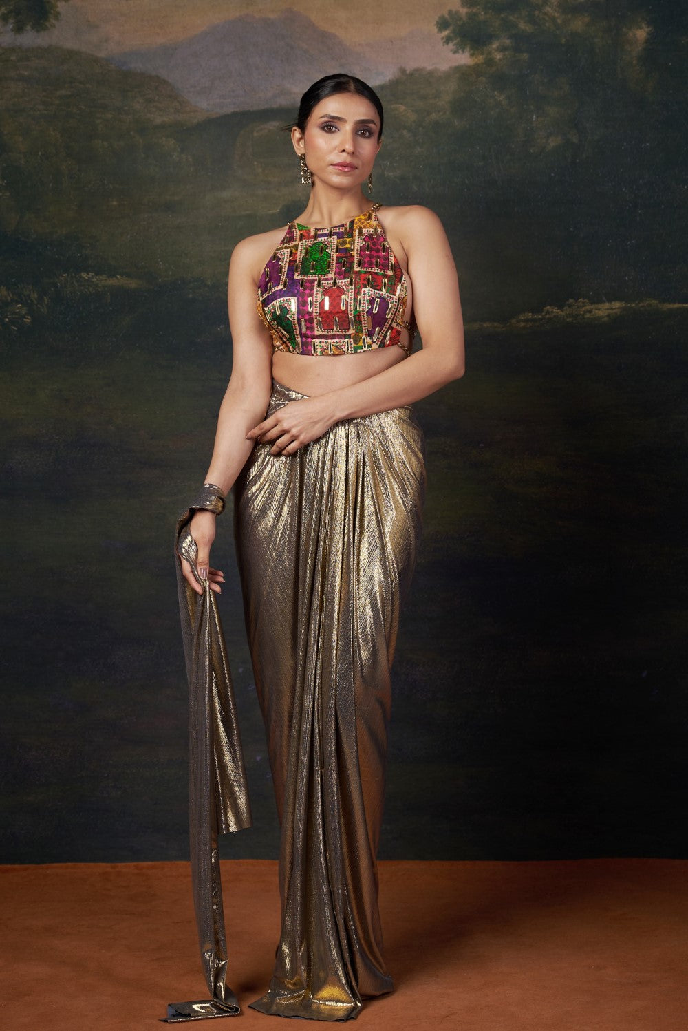 Backless Halter Neck Hand-Embroidered Blouse with Draped Dhoti