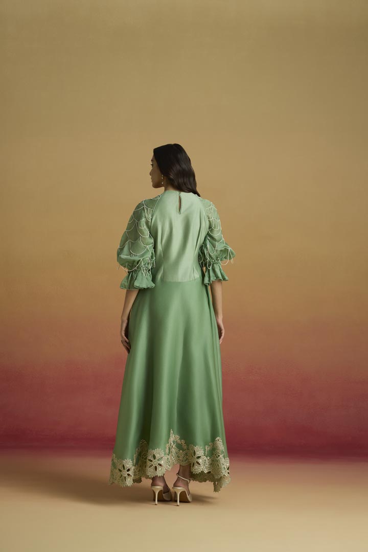 Sage Green Silk Organza Flounce Dress - Elegant Evening Wear
