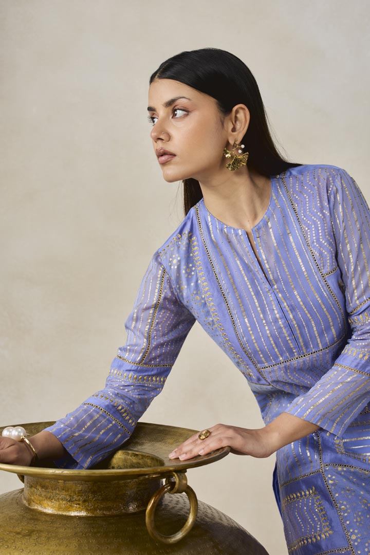 Ink Blue Gold Chanderi Patchwork Kurta Set for Festive Wear
