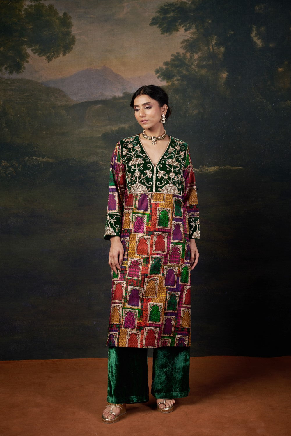 Hand-Embroidered Jharoka Print Green  Kurta Set