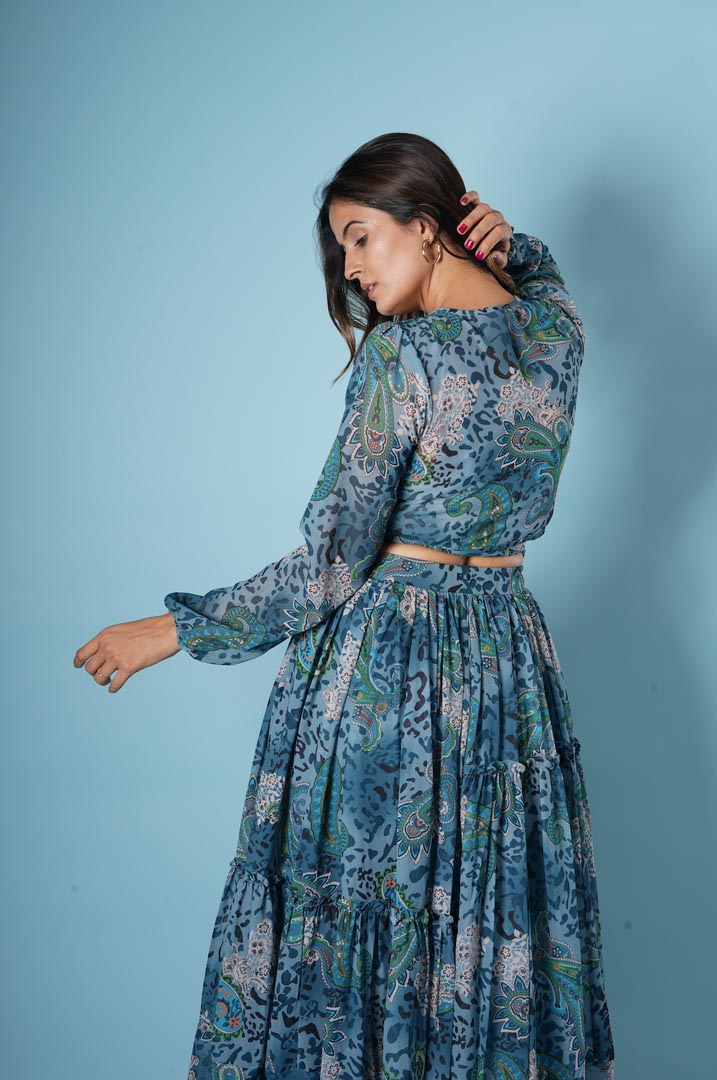 Blue Georgette Printed Skirt Set