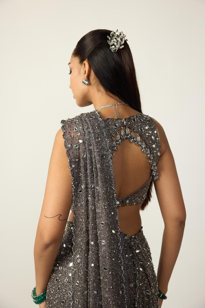 Metallic Grey Draped Saree Set