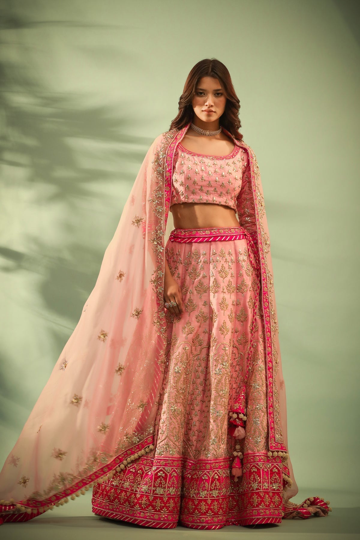 Image of Haseena Candy floss pink lehenga set with chatak pink accent.