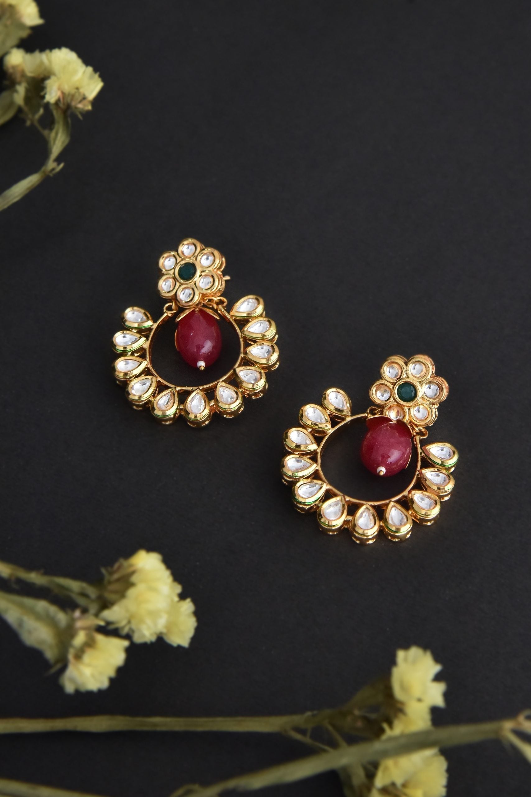 Multicolour Gold Tone Kundan Chandbali Earrings