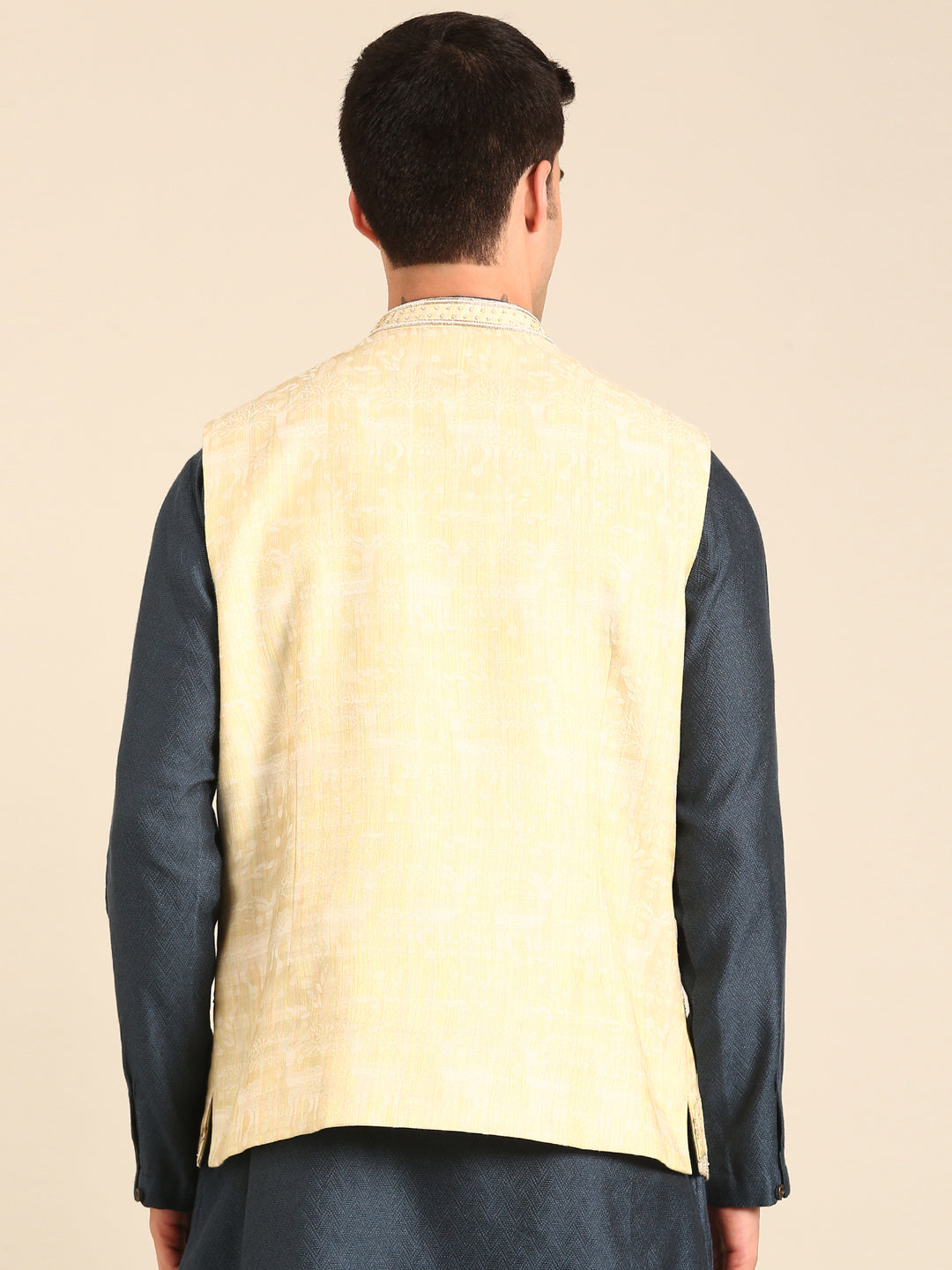 Green-Gold Silk Jacquard Nehru Jacket