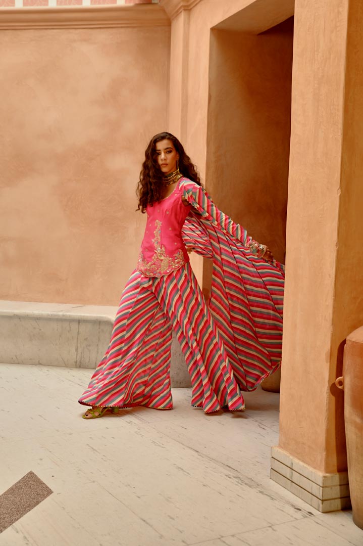 Image of Hot pink Indie-leheriya magzi kali jacket and sharara with heritage kurti.