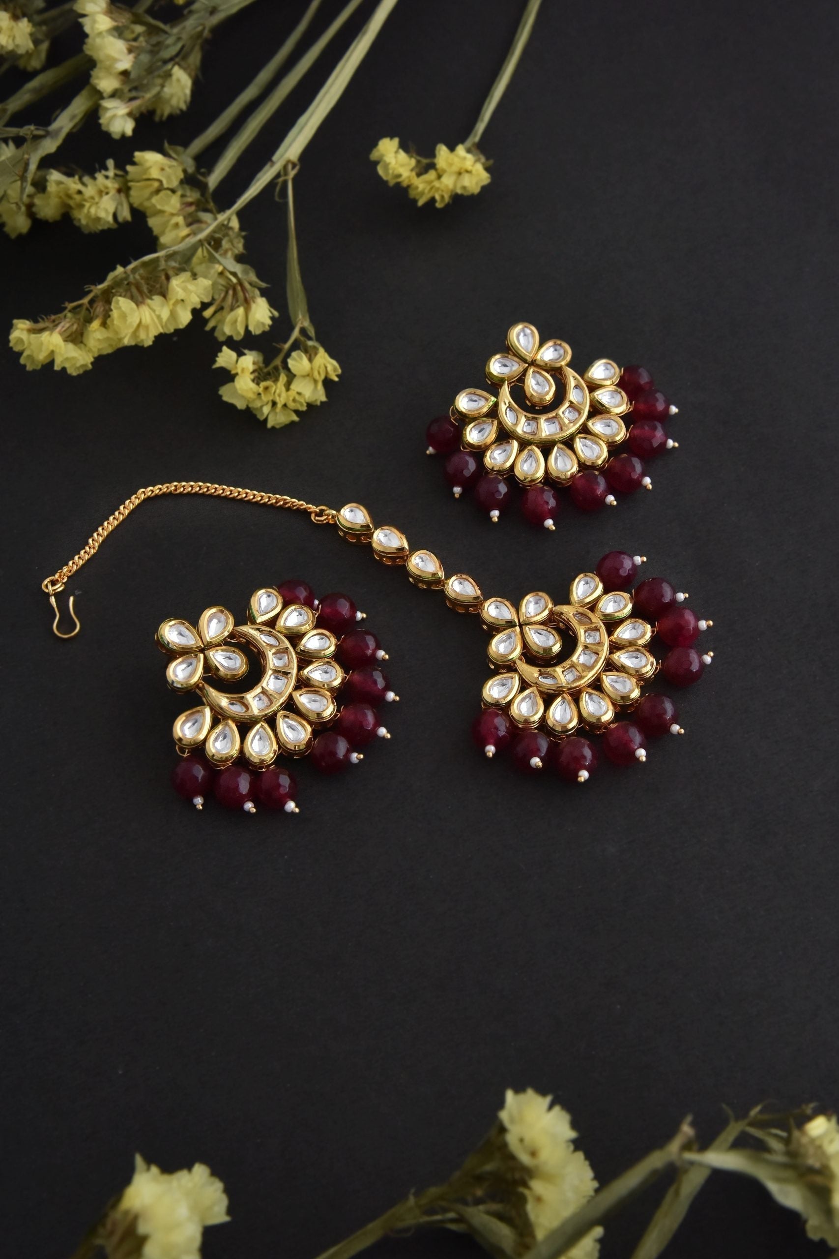 Red Gold Tone Kundan Chandbali Earrings and Tikka