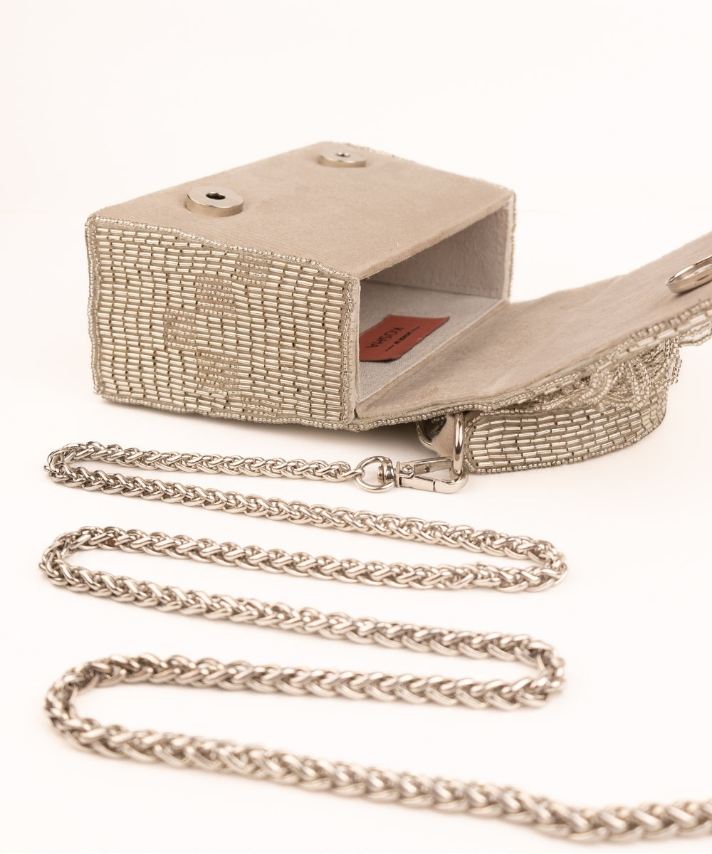 Bushra Silver Suede Handcrafted Box Bag