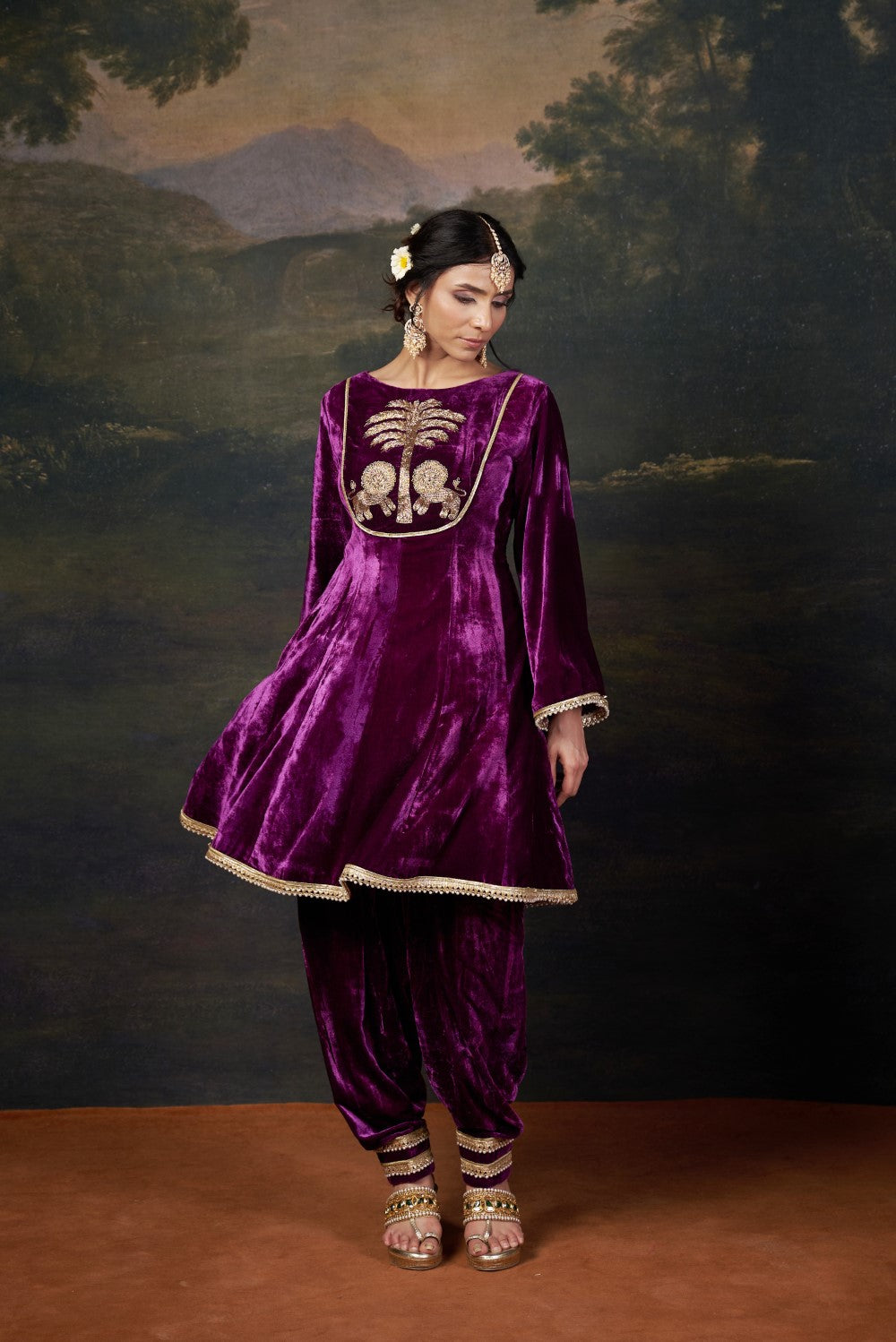 Hand-Embroidered Velvet Purple Kalidar Anarkali Set