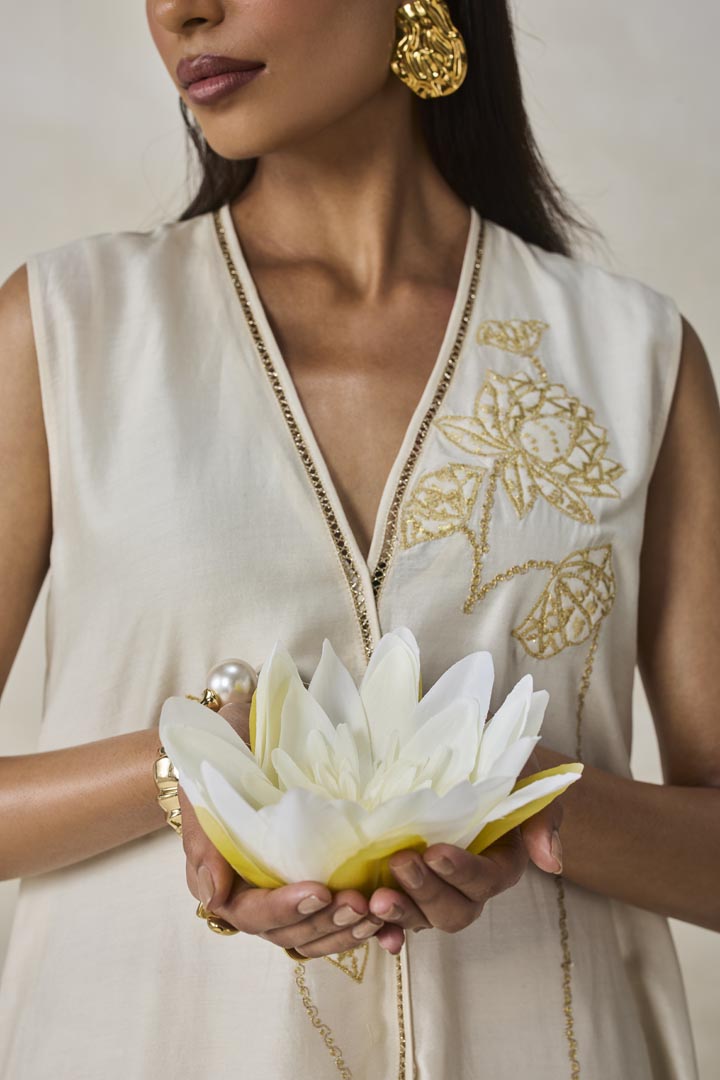 Ivory Chanderi Applique Work Kurta Set - Luxury Ethnic Co-ord