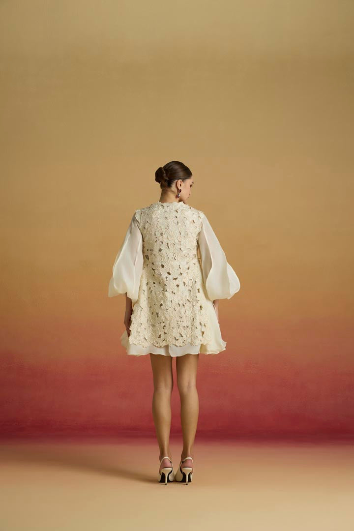 Ivory Cutwork Layered Dress in Chanderi and Silk Organza