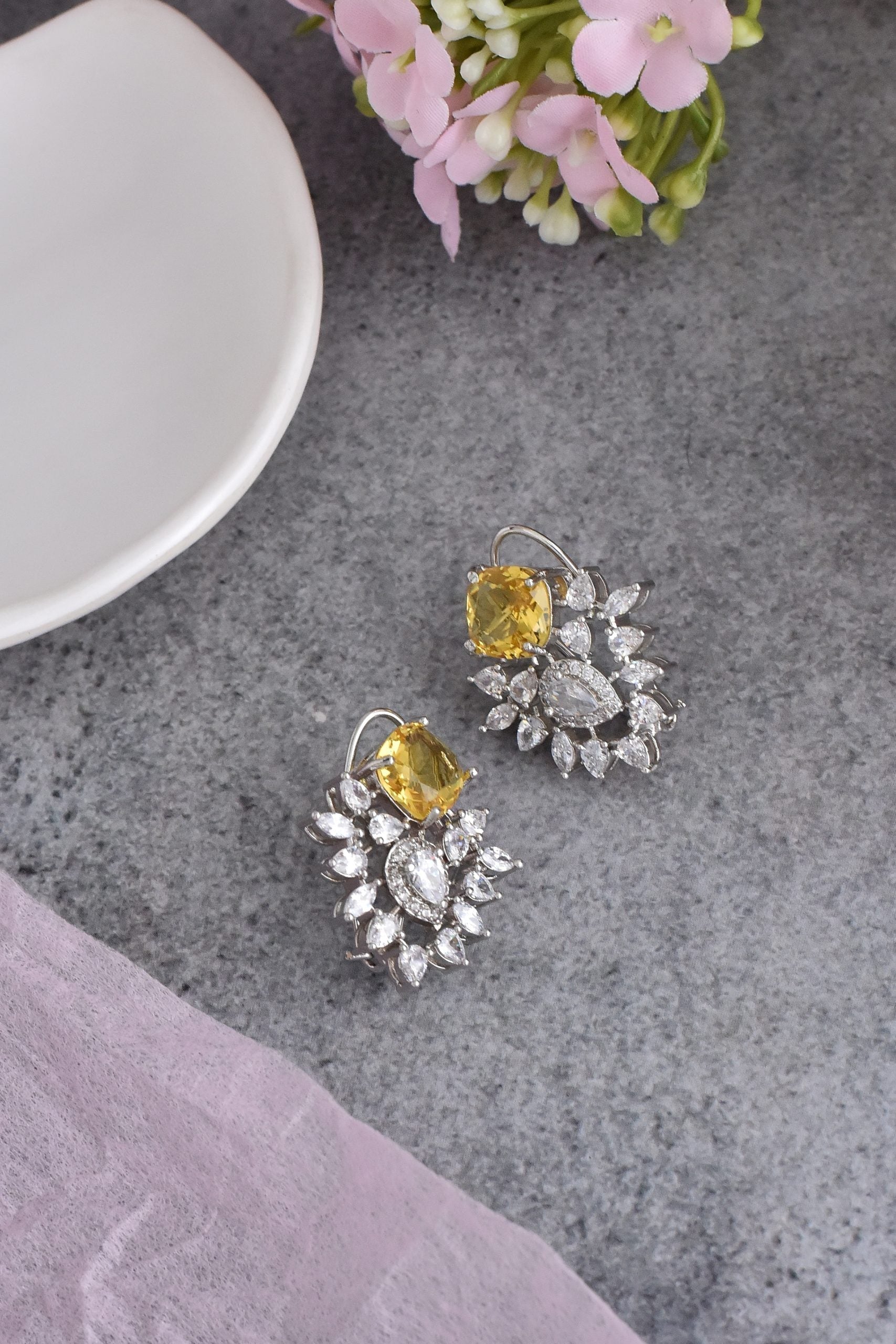 Yellow Silver Tone Zirconia Stud Earrings