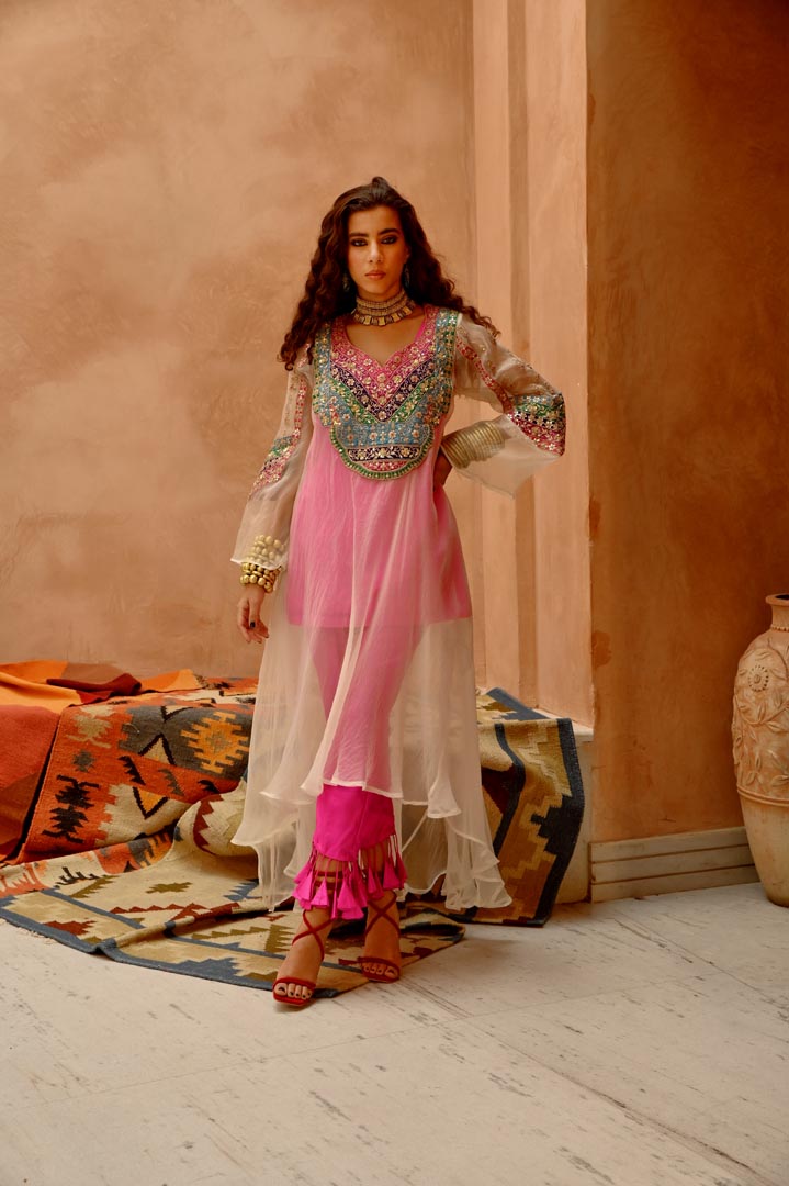 Image of Ivory sheer Afghani kurta with short kurti and dorri tassel pants set