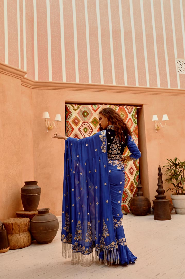 Image of Eclectic Blue vintage concept saree.
